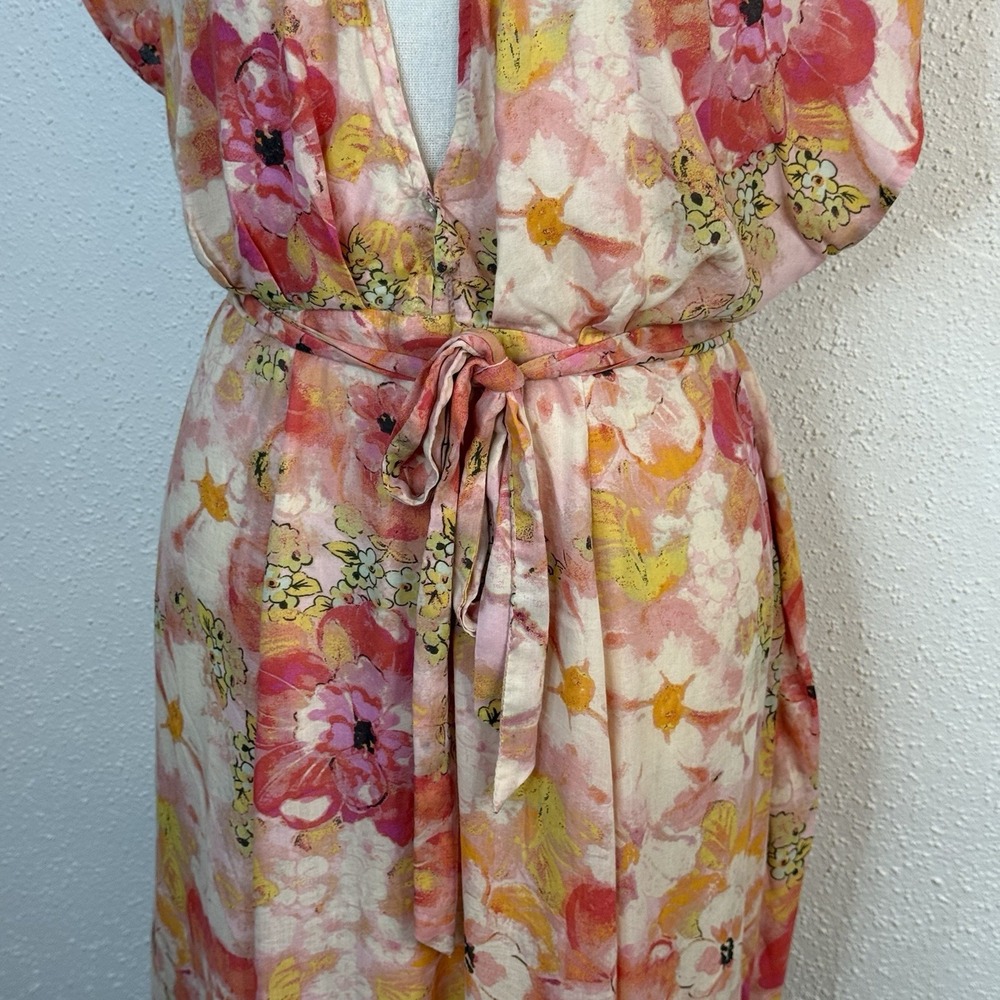 Free People Women's Floral V-Neck Short Sleeve Tie Waist Zip Short Dress Size S - Picture 2 of 12